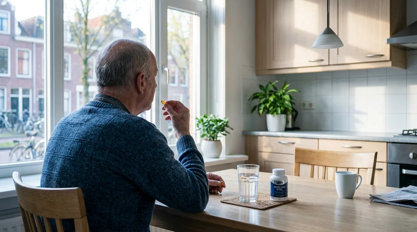 Man aan keukentafel met glas water en supplement - dagelijkse welzijnsroutine